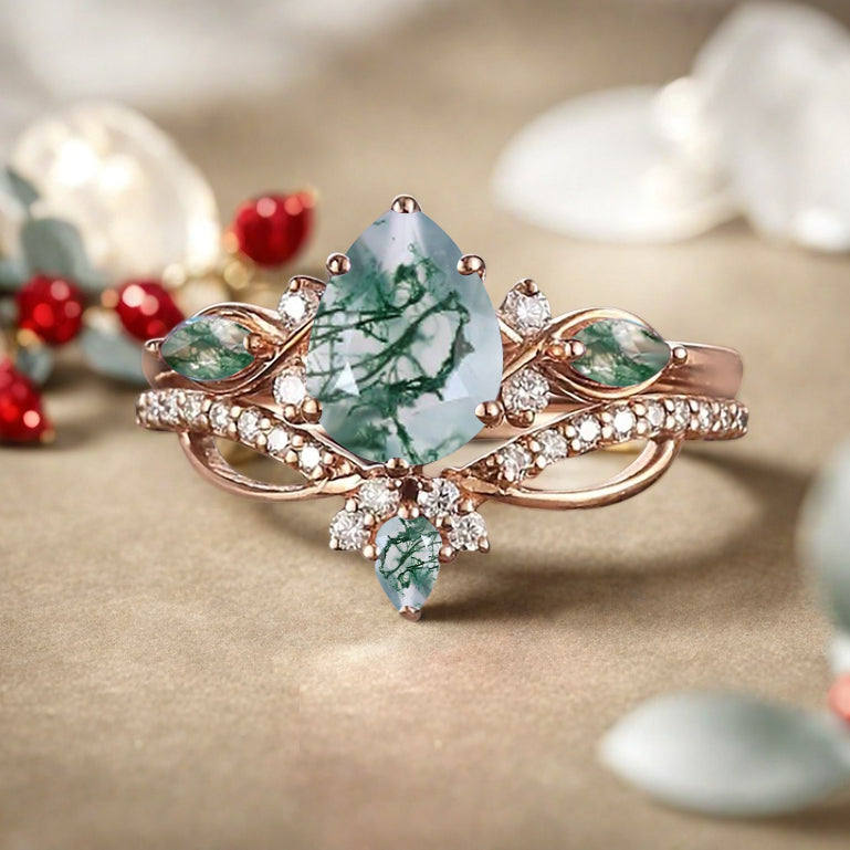 Vintage Pear Shape Moss Agate Engagement Ring Set Unique Gemstone Promise Bridal Ring Set Anniversary Gift