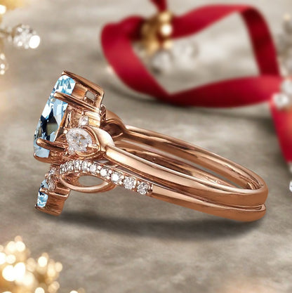 Vintage Birnenform Aquamarin Verlobungsring Set Unikat Versprechen Brautring Set Jubiläumsgeschenk
