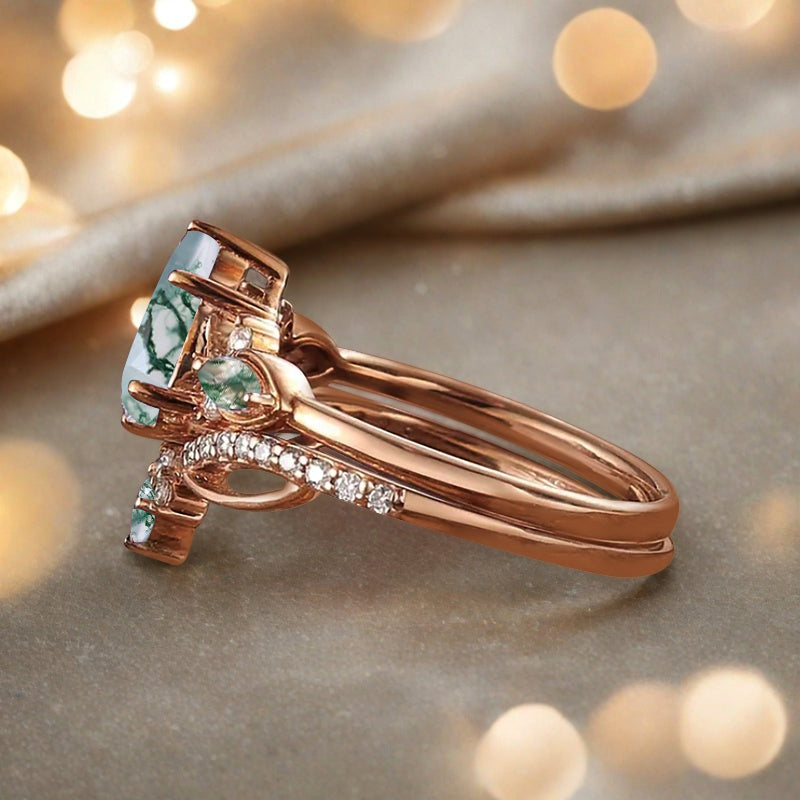 Vintage Pear Shape Moss Agate Engagement Ring Set Unique Gemstone Promise Bridal Ring Set Anniversary Gift