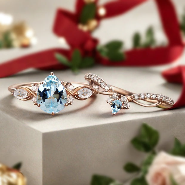 Vintage Birnenform Aquamarin Verlobungsring Set Unikat Versprechen Brautring Set Jubiläumsgeschenk