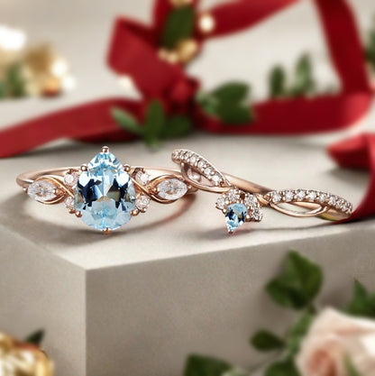 Vintage Birnenform Aquamarin Verlobungsring Set Unikat Versprechen Brautring Set Jubiläumsgeschenk