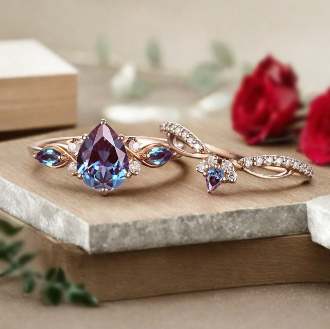 Vintage Birnenform Aquamarin Verlobungsring Set Unikat Versprechen Brautring Set Jubiläumsgeschenk