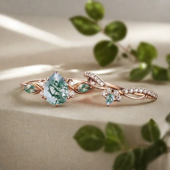 Vintage Pear Shape Moss Agate Engagement Ring Set Unique Gemstone Promise Bridal Ring Set Anniversary Gift