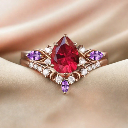 Vintage Pear Shape Ruby Engagement Ring Set Unique Amethyst Gemstone Promise Bridal Ring Set Anniversary Gift