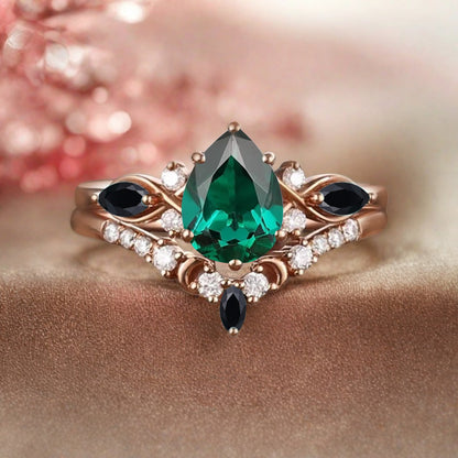 Vintage Pear Shape Emerald Engagement Ring Set Unique Black Onyx Gemstone Promise Bridal Ring Set Anniversary Gift