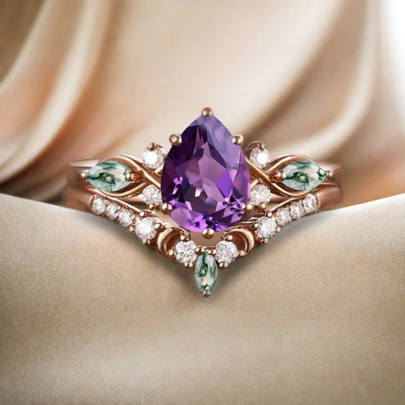 Vintage Pear Shape Amethyst Engagement Ring Set Unique Moss Agate Gemstone Promise Bridal Ring Set Anniversary Gift