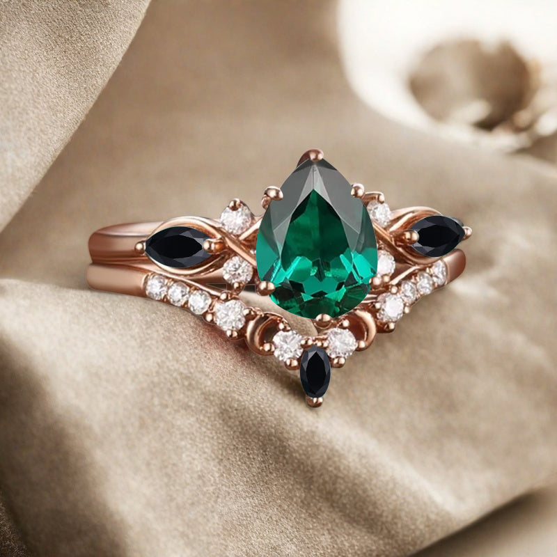Vintage Pear Shape Emerald Engagement Ring Set Unique Black Onyx Gemstone Promise Bridal Ring Set Anniversary Gift