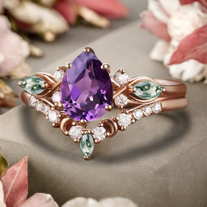 Vintage Pear Shape Amethyst Engagement Ring Set Unique Moss Agate Gemstone Promise Bridal Ring Set Anniversary Gift