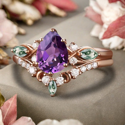 Vintage Pear Shape Amethyst Engagement Ring Set Unique Moss Agate Gemstone Promise Bridal Ring Set Anniversary Gift