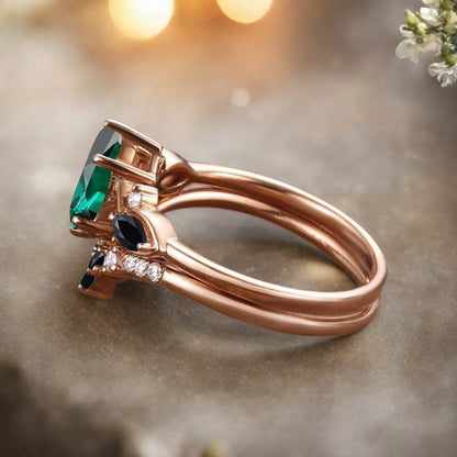 Vintage Pear Shape Emerald Engagement Ring Set Unique Black Onyx Gemstone Promise Bridal Ring Set Anniversary Gift