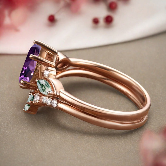 Vintage Pear Shape Amethyst Engagement Ring Set Unique Moss Agate Gemstone Promise Bridal Ring Set Anniversary Gift