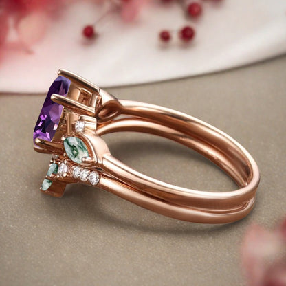 Vintage Pear Shape Amethyst Engagement Ring Set Unique Moss Agate Gemstone Promise Bridal Ring Set Anniversary Gift