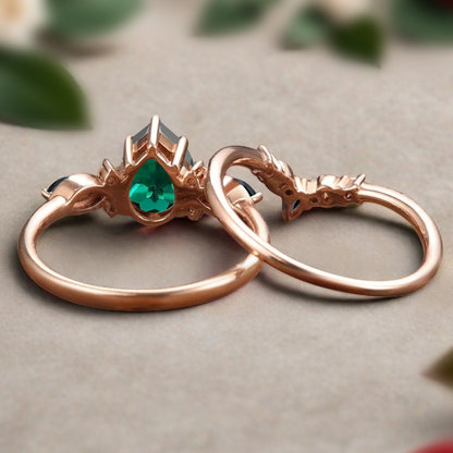 Vintage Pear Shape Emerald Engagement Ring Set Unique Black Onyx Gemstone Promise Bridal Ring Set Anniversary Gift