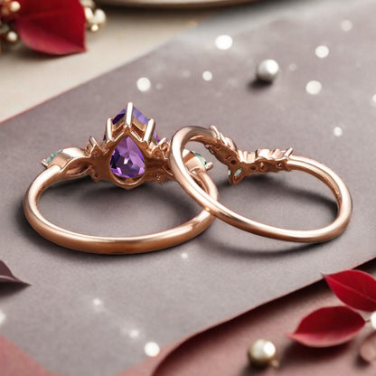 Vintage Pear Shape Amethyst Engagement Ring Set Unique Moss Agate Gemstone Promise Bridal Ring Set Anniversary Gift