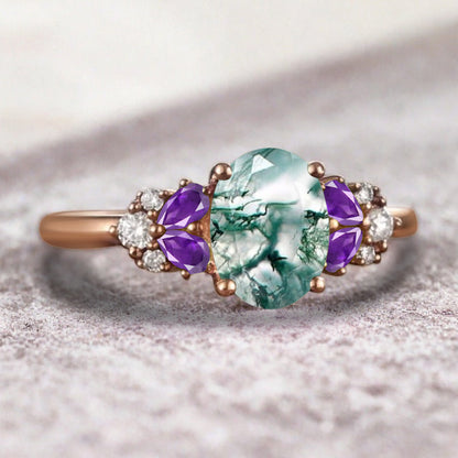 Vintage Oval Moss Agate Engagement Ring Unique Amethyst Sidestones Oval Gemstone Promise Ring