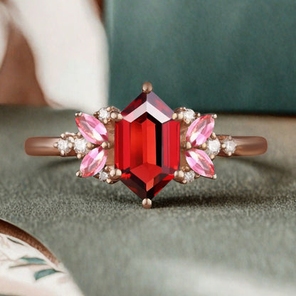 Vintage Hexagon Cut Ruby Engagement Ring Hexagon Pink Sapphire Side Stone Wedding Promise Bridal Ring
