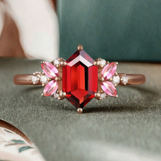 Vintage Hexagon Cut Ruby Engagement Ring Hexagon Pink Sapphire Side Stone Wedding Promise Bridal Ring