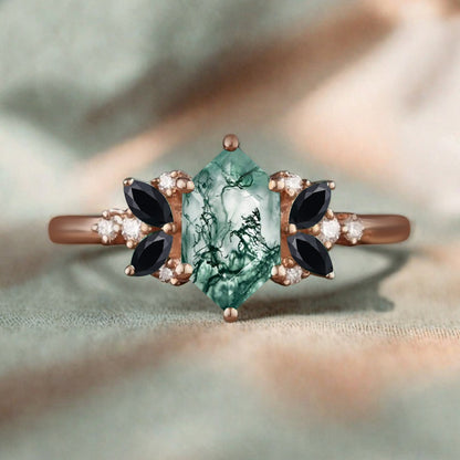 Vintage Hexagon Cut Blau Grün Saphir Verlobungsring Blau Grün Saphir Ehering