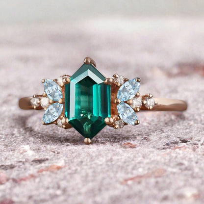 Vintage Hexagon Cut Emerald Engagement Ring Aquamarine Side Stone Wedding Promise Bridal Ring