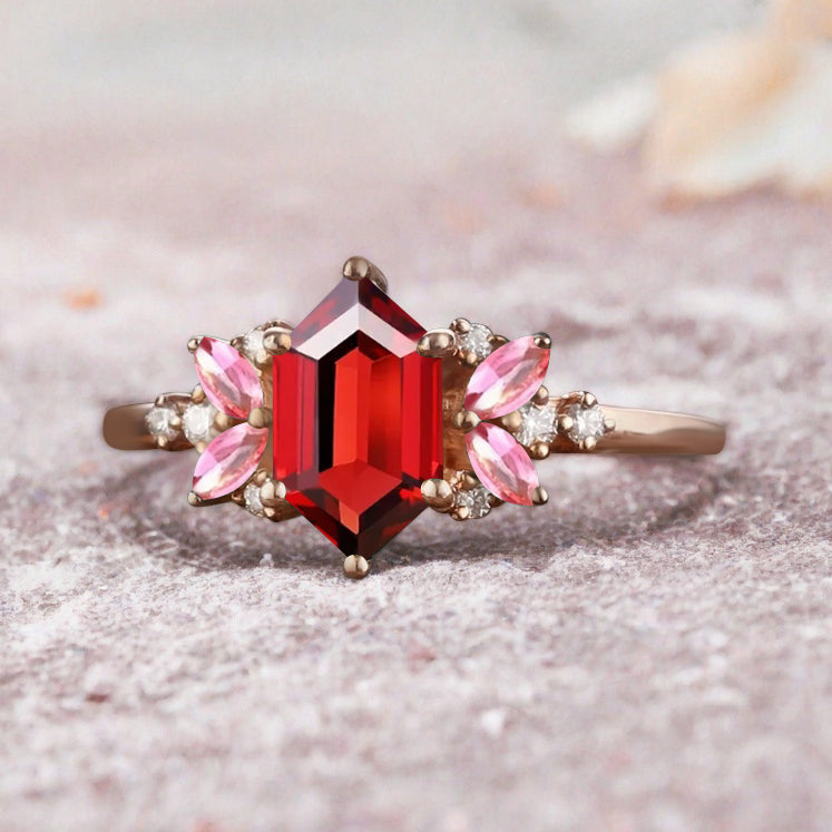 Vintage Hexagon Cut Ruby Engagement Ring Hexagon Pink Sapphire Side Stone Wedding Promise Bridal Ring