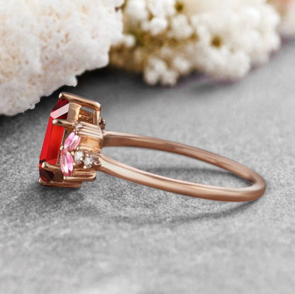 Vintage Hexagon Cut Ruby Engagement Ring Hexagon Pink Sapphire Side Stone Wedding Promise Bridal Ring