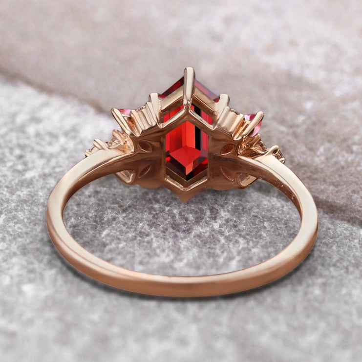 Vintage Hexagon Cut Ruby Engagement Ring Hexagon Pink Sapphire Side Stone Wedding Promise Bridal Ring