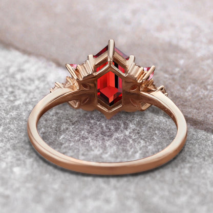 Vintage Hexagon Cut Ruby Engagement Ring Hexagon Pink Sapphire Side Stone Wedding Promise Bridal Ring