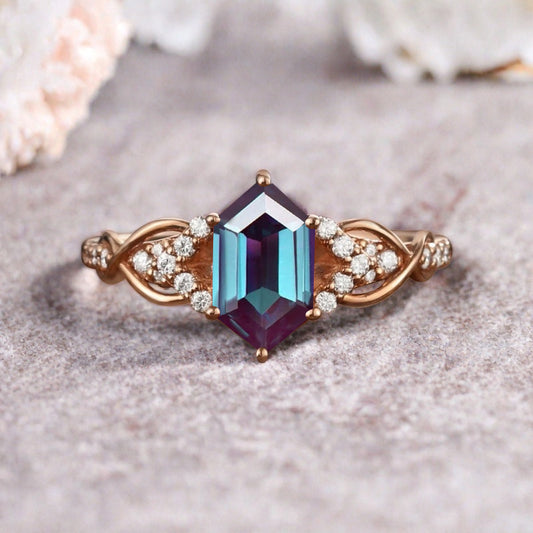 Hexagon Cut Alexandrite Engagement Ring Unique Alexandrite Moissanite Wedding Ring Gift For Her