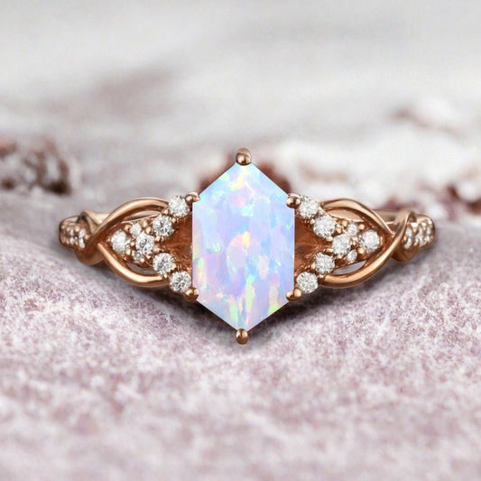Hexagon Cut Opal Engagement Ring Unique Opal Moissanite Wedding Ring Gift For Her