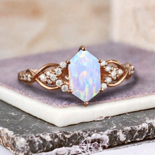 Hexagon Cut Opal Engagement Ring Unique Opal Moissanite Wedding Ring Gift For Her