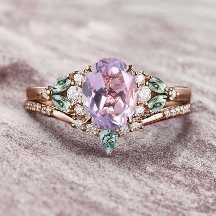 Vintage Oval Amethyst Engagement Ring Set Unique Moss Agate Sidestones Oval Gemstone Promise Ring Set