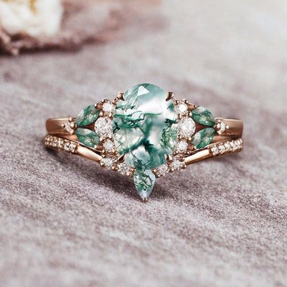 Vintage Oval Moss Agate Engagement Ring Set Unique Moss Agate Sidestones Oval Gemstone Promise Ring Set