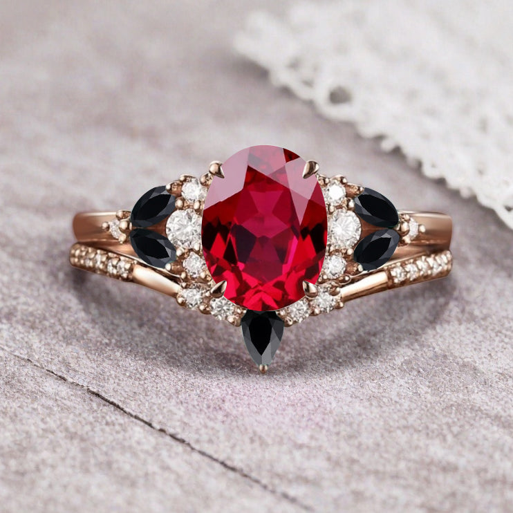 Vintage Oval Ruby Engagement Ring Set Unique Black Onyx Sidestones Oval Gemstone Promise Ring Set