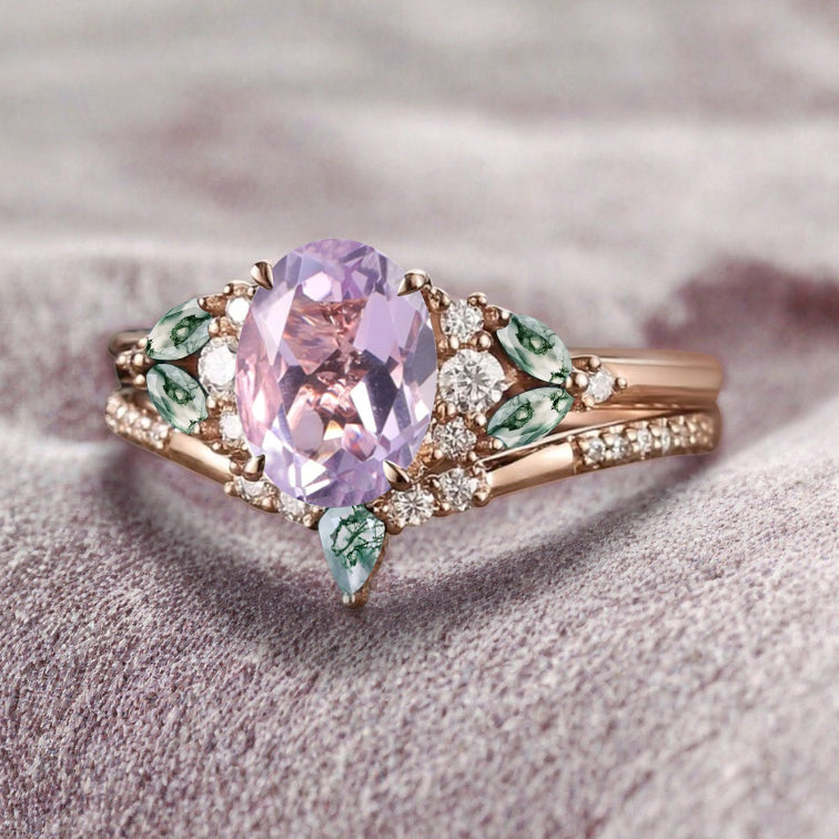 Vintage Oval Amethyst Engagement Ring Set Unique Moss Agate Sidestones Oval Gemstone Promise Ring Set