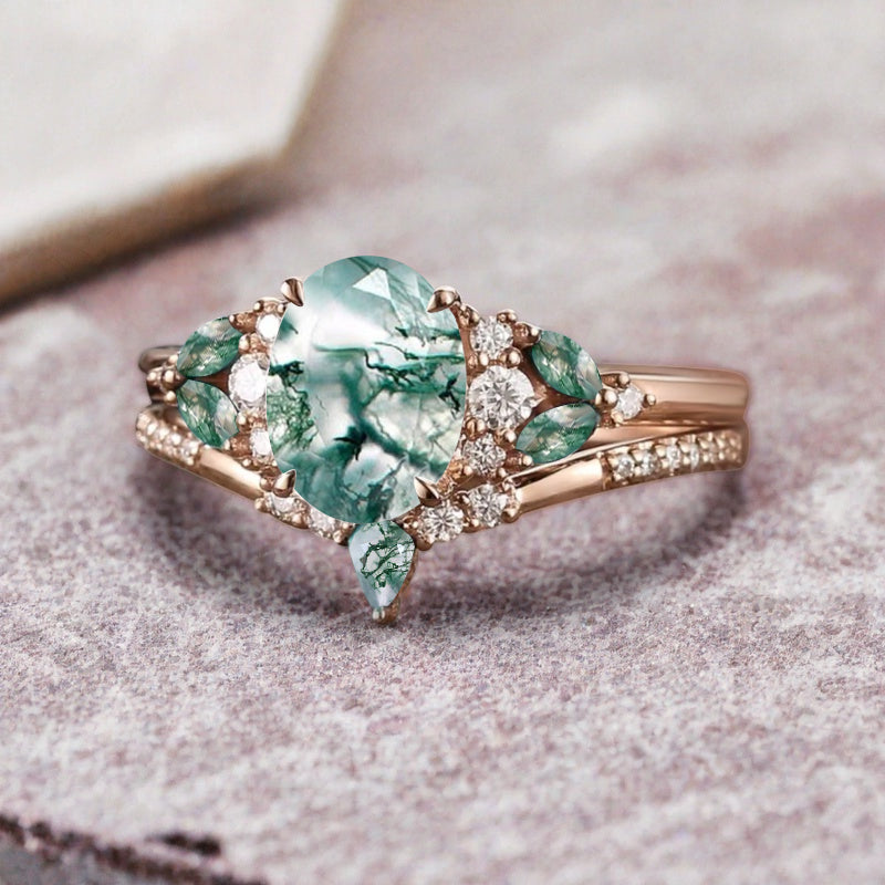 Vintage Oval Moss Agate Engagement Ring Set Unique Moss Agate Sidestones Oval Gemstone Promise Ring Set