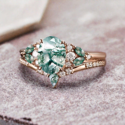 Vintage Oval Moss Agate Engagement Ring Set Unique Moss Agate Sidestones Oval Gemstone Promise Ring Set