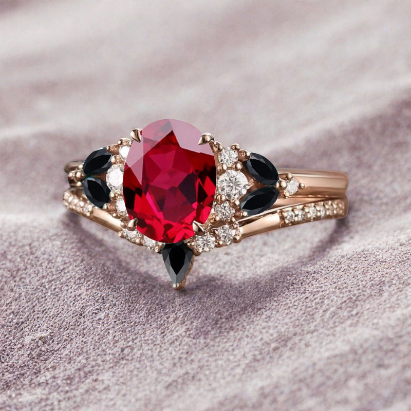Vintage Oval Ruby Engagement Ring Set Unique Black Onyx Sidestones Oval Gemstone Promise Ring Set