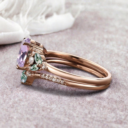 Vintage Oval Amethyst Engagement Ring Set Unique Moss Agate Sidestones Oval Gemstone Promise Ring Set