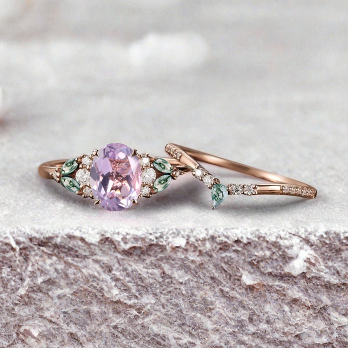 Vintage Oval Amethyst Engagement Ring Set Unique Moss Agate Sidestones Oval Gemstone Promise Ring Set