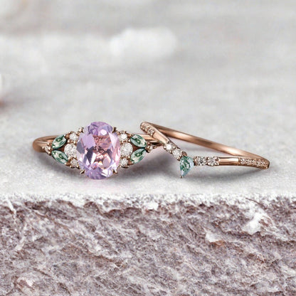 Vintage Oval Amethyst Engagement Ring Set Unique Moss Agate Sidestones Oval Gemstone Promise Ring Set