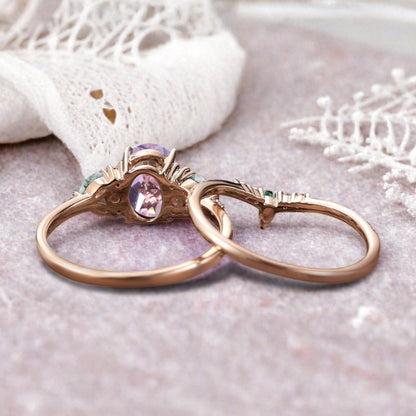 Vintage Oval Amethyst Engagement Ring Set Unique Moss Agate Sidestones Oval Gemstone Promise Ring Set