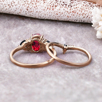 Vintage Oval Ruby Engagement Ring Set Unique Black Onyx Sidestones Oval Gemstone Promise Ring Set