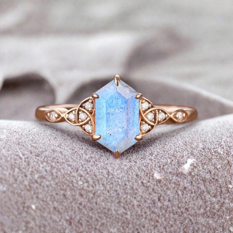 Hexagon Cut Labradorite Engagement Bridal Ring Moissanite Art Deco Promise Ring