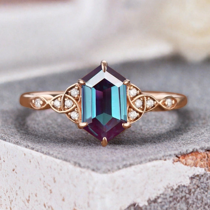 Hexagon Cut Alexandrite Engagement Bridal Ring Moissanite Art Deco Promise Ring