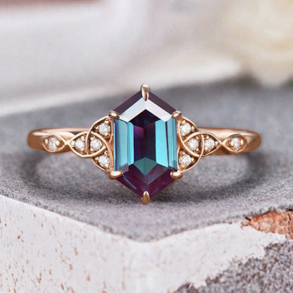 Hexagon Cut Alexandrite Engagement Bridal Ring Moissanite Art Deco Promise Ring