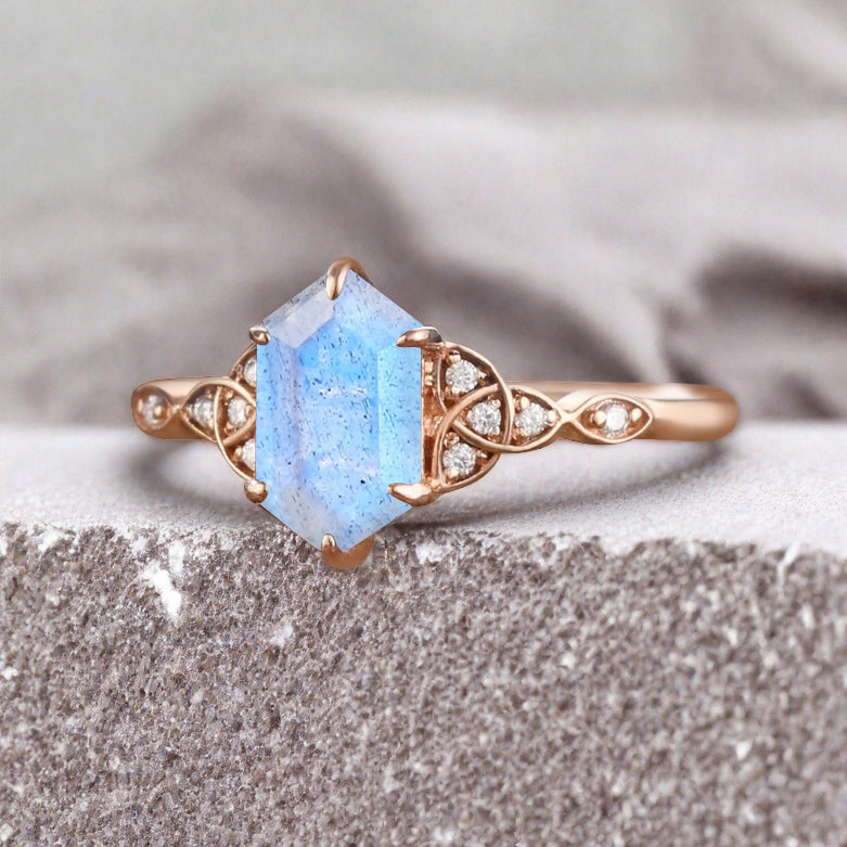 Hexagon Cut Labradorite Engagement Bridal Ring Moissanite Art Deco Promise Ring