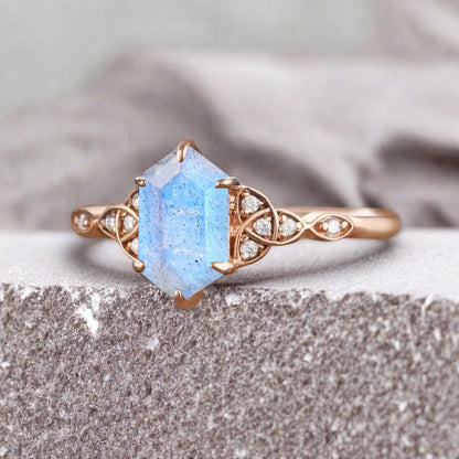 Hexagon Cut Labradorite Engagement Bridal Ring Moissanite Art Deco Promise Ring