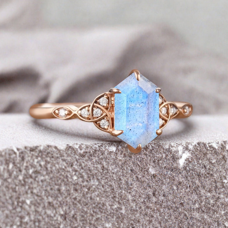 Hexagon Cut Labradorite Engagement Bridal Ring Moissanite Art Deco Promise Ring