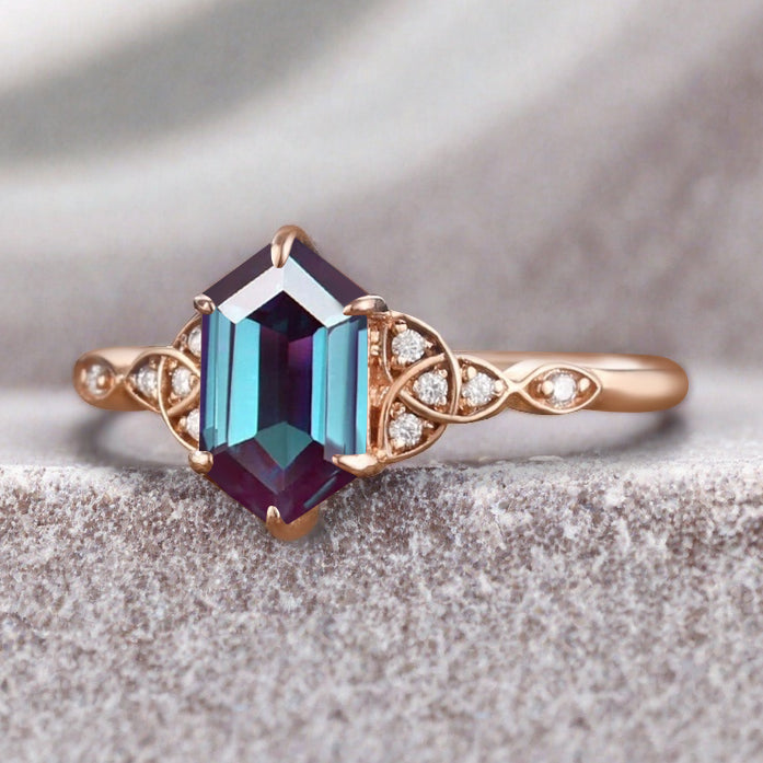 Hexagon Cut Alexandrite Engagement Bridal Ring Moissanite Art Deco Promise Ring