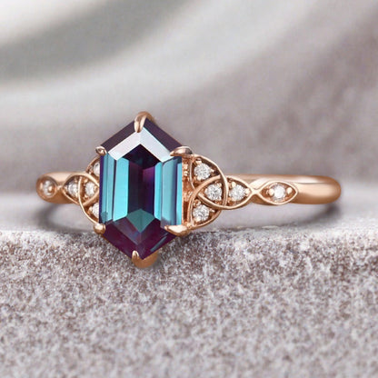 Hexagon Cut Alexandrite Engagement Bridal Ring Moissanite Art Deco Promise Ring